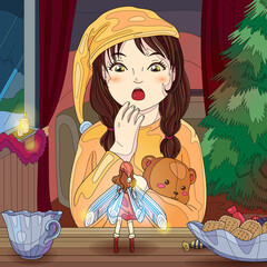 Girl meet fairy with cookies near Christmas tree tale. Girl laugh with fairy on shiny background. Vector Christmas book illustration of new year for decoration book, notebook, poster, cover, postcard.