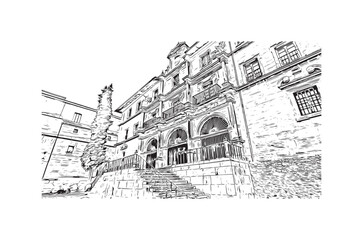 Building view with landmark of Oviedo is a town in northwest Spain. Hand drawn sketch illustration in vector.