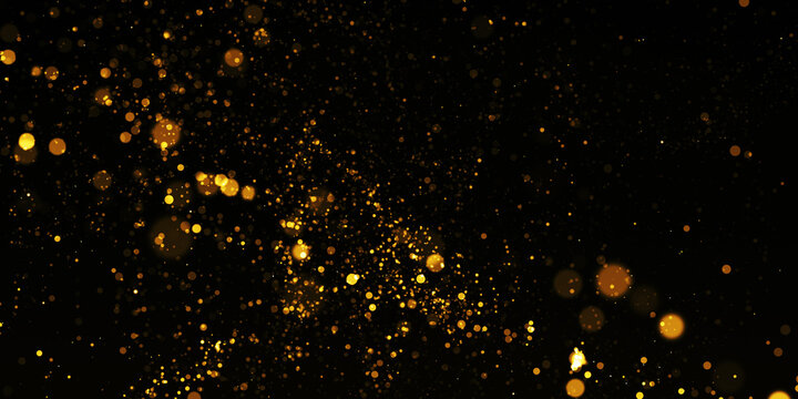 Gold Particle Glitter Luxury Background. Falling Gold Confetti With Magic Light. Gold Particles Glisten In The Air