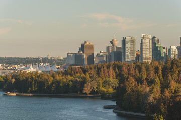 Vancouver city skyline and a view of the Stanley park from the Lions Gate bridge