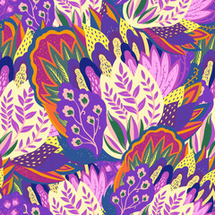 Colorful seamless pattern with crazy psychedelic organic abstract elements, print with plant and mushrooms motifs 