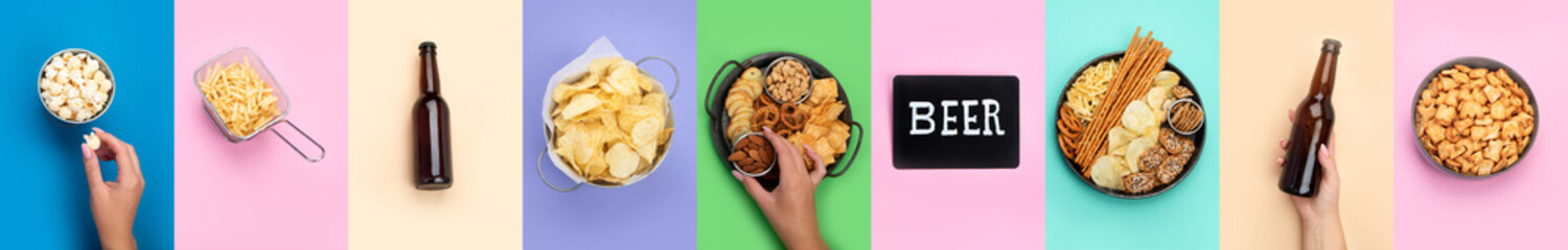 Assortment of salty snacks on color background.