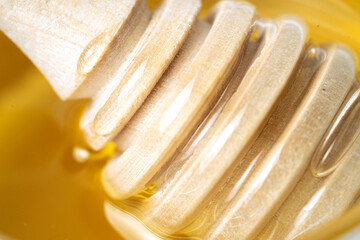 Honey drips from a wooden honey dipper on a yellow background. Sweet bee product for your design...