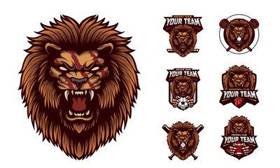 Lion Head with scar on face Mascot Logo with logo set for team football, basketball, lacrosse, baseball, hockey , soccer .suitable for the sports team mascot logo .vector illustration.
