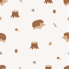 Cute cartoon hedgehog in forest vector print in flat style. Cute childish character, leaves, cones, mushrooms. Seamless pattern © NadezdaBarkova