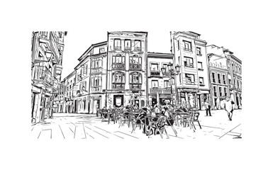 Building view with landmark of Oviedo is a town in northwest Spain. Hand drawn sketch illustration in vector.