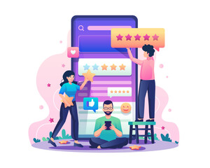 Customer reviews with people giving star ratings on a mobile phone. Positive feedback, satisfaction, review rating, or evaluation concept. Vector illustration in flat style