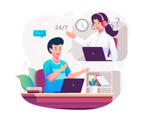 Fototapeta na wymiar Customer service concept with a man sitting at his laptop and talking with a call center woman support. Contact us, Hotline operator. Vector illustration in flat style
