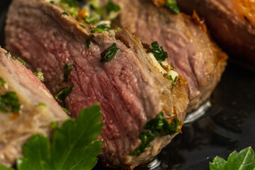 juicy roast beef cut with garlic and parsley aioli