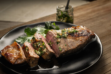 juicy roast beef cut with garlic and parsley aioli