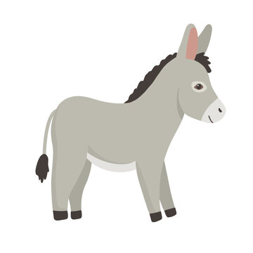 Cute donkey character isolated on white background. Childish vector flat illustration with farm animal for kids