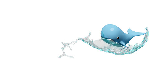 blue Inflatable whale with water splash, copy space isolated. summer travel concept, 3d render illustration