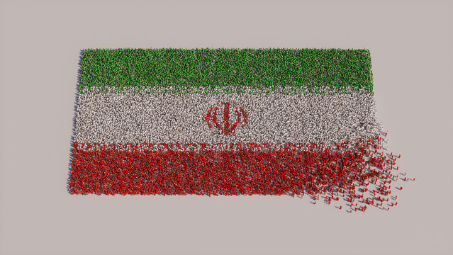 A Crowd of People congregating to form the Flag of Iran. Iranian Banner on White.