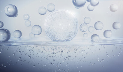 Moisturizer water molecule, Cosmetic liquid bubble, Molecule inside Liquid Bubble on water background, 3d rendering