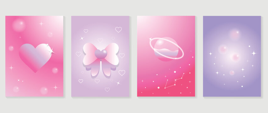 Collection of y2k style background vector. Set of lovely vibes wallpaper, gradient, rainbow, hearts, planet, stars, bubbles. Trendy adorable girly poster for banner, prints, decorative, cover.