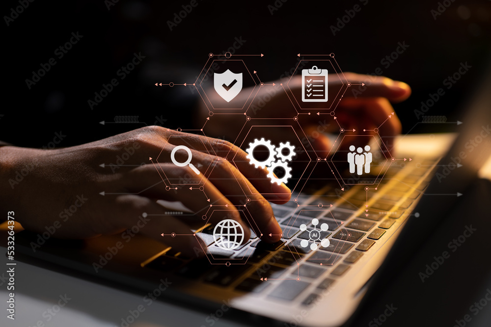 Fototapete Coding software developers work with augmented reality dashboard computer icons with responsive cybersecurity.