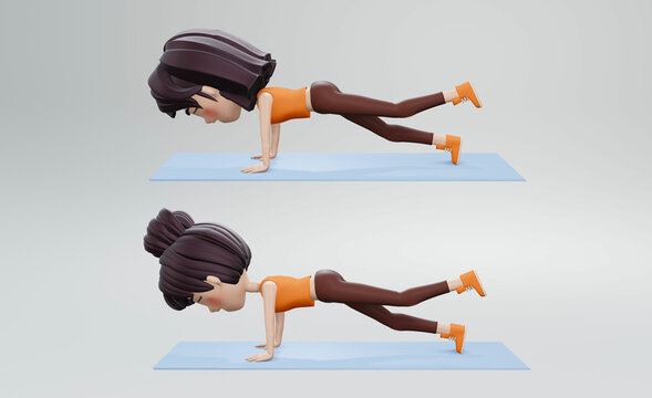 3d render. young woman doing pilates exercise - birddogs kneeling alternate leg and arm extensions