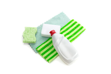 New towels, washcloths and cleanser on white background close-up