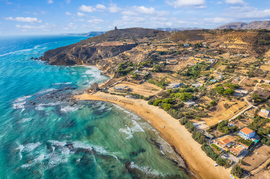 Landscape with aerial view of Le Pergole beach, Sicily island, Italy