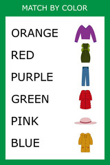 Connect the name of the color and the character of the clothes.  Logic game for children.