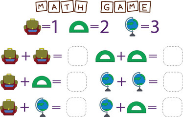 counting game with colorful school suppliers . Preschool worksheet, kids activity sheet, printable worksheet
