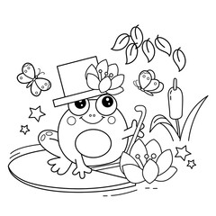 Coloring Page Outline Of cartoon cheerful frog on pond among the water lilies. Coloring Book for kids.