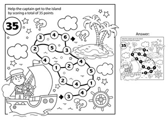 Math addition game. Puzzle for kids. Maze. Coloring Page Outline Of cartoon sail ship with sailor. Sea travelling. Coloring Book for children.
