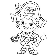 Obraz premium Coloring Page Outline Of Cartoon pirate with map of treasure. Coloring book for kids.