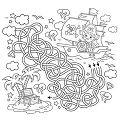 Maze or Labyrinth Game. Puzzle. Tangled road. Coloring Page Outline Of Cartoon pirate on pirate ship or sailboat with black sails. Island of treasure. Coloring Book for kids.