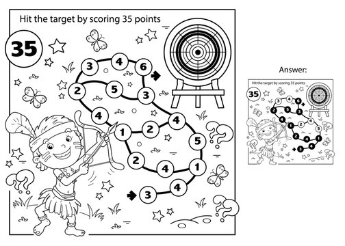 Math addition game. Puzzle for kids. Maze. Coloring Page Outline Of cartoon cheerful boy indian with bow for shooting and arrow and with target. Coloring Book for children.