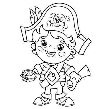 Coloring Page Outline Of Cartoon pirate with map of treasure. Coloring book for kids.