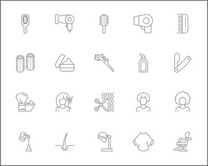 Simple Set of hair Related Vector Line Icons. 
Vector collection of beauty and hairstyle symbols or logo elements in thin outline.