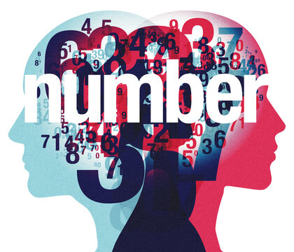 A male and female back-to-back silhouette overlaid with various sized semi-transparent numerals. Overlaid centrally is the word “number”.