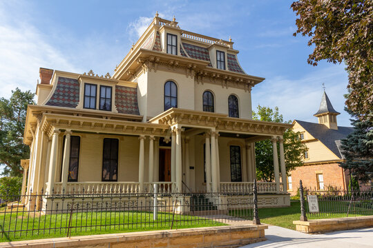 Daytime exterior view of the Rensselaer Hubbard House, a historic family home placed on the National Register of Historic Places, and is now a museum, on September 17, 2022, in Mankato, Minnesota, USA