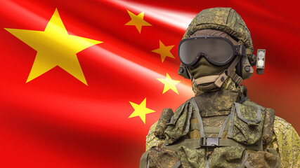 Peoples Liberation Army of China. Soldier in bulletproof vest and military helmet. Armed Forces PRC. PLA soldier. Man in military uniform in front of China flag. China Soldier infantryman. 3d image.