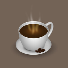 black coffee, with white cup and saucer, realistic with smoke and coffee beans, vector illustration 3d