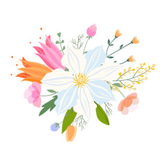 Vector floral bouquet illustration. Set of leaves, wildflowers, twigs, floral arrangements. Beautiful compositions of field grass and bright spring flowers.