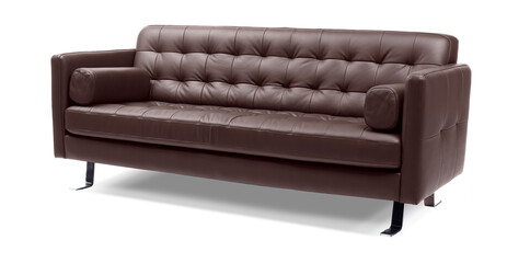 Dark brown leather 2 seater designer sofa with metal legs, isolated on white, furniture series