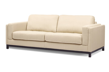 Beige leather 2 seater designer sofa with black wood legs, isolated on white, furniture series
