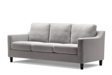 Grey fabric 3 seater minimalist sofa with black black wooden legs, isolated on white, furniture series