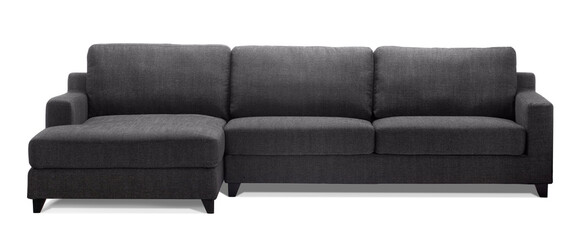 Dark grey fabric 3 seater L shape minimalist sofa with black wooden legs, isolated on white,...
