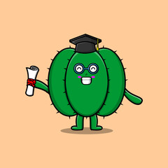 Cute cartoon cactus student character on graduation day with toga in concept flat cartoon style