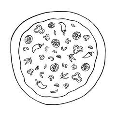 pizza whole hand drawn in doodle style. icon, sticker, menu.