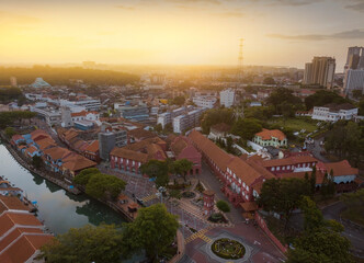 Aerial view Malacca city during sunrise. Noise slightly appear due to high ISO. - obrazy, fototapety, plakaty
