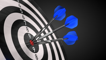 Three Darts hit to center of target. Bullseye in target. Success business, aim strategy concept. 3d rendering