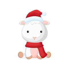 Cute little sheep sitting in a Santa hat and red scarf. Cartoon animal character for kids t-shirts, nursery decoration, baby shower, greeting card, invitation. Isolated vector stock illustration