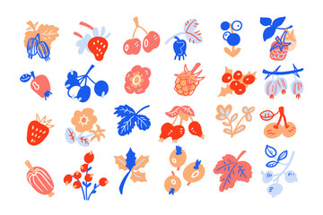Set of decorative minimalist berries, flowers and leaves for design. Flat style nature and flora for patterns, backgrounds. Strawberries, spiked berries, holly on branch. Vector illustrations.