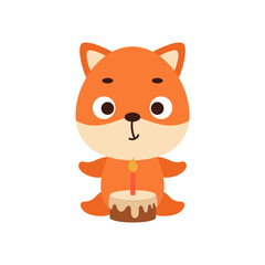 Cute little fox with birthday cake on white background. Cartoon animal character for kids cards, baby shower, invitation, poster, t-shirt composition, house interior. Vector stock illustration.