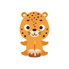 Cute little jaguar with birthday cake on white background. Cartoon animal character for kids cards, baby shower, invitation, poster, t-shirt composition, house interior. Vector stock illustration