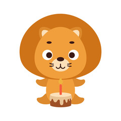 Cute little lion with birthday cake on white background. Cartoon animal character for kids cards, baby shower, invitation, poster, t-shirt composition, house interior. Vector stock illustration